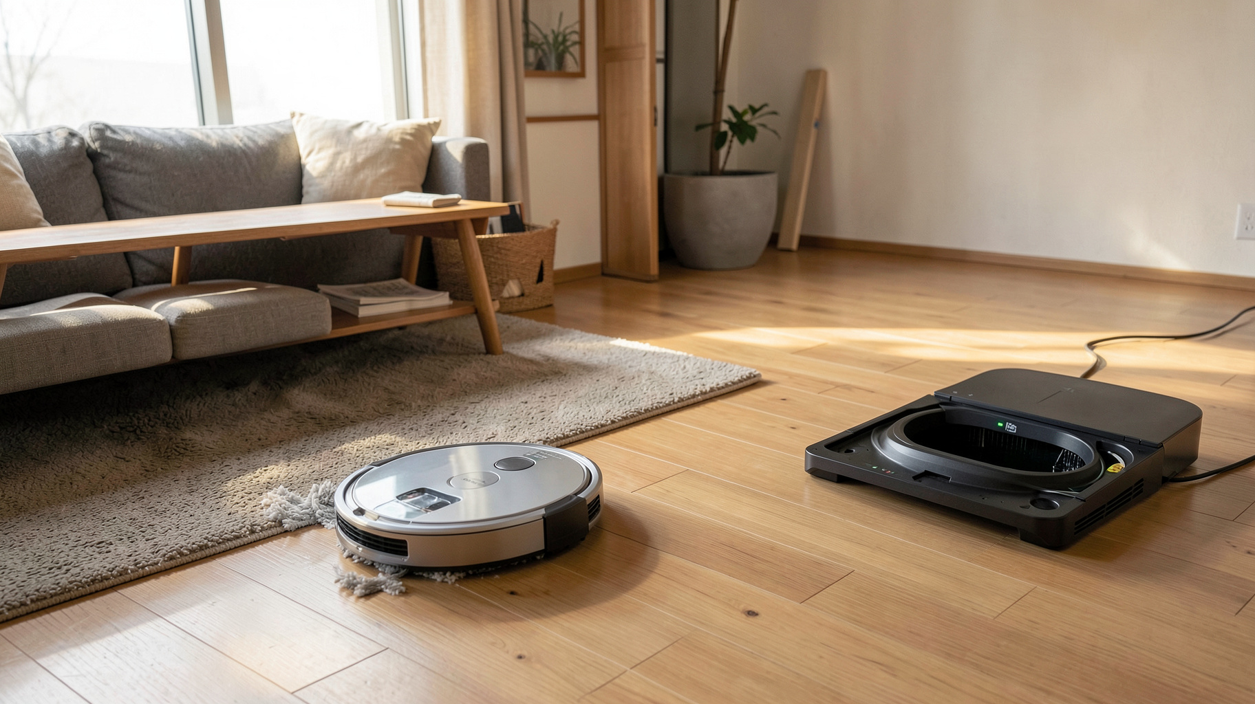 水拭き対応のロボット掃除機がリビングの床をモップ掛けしている様子