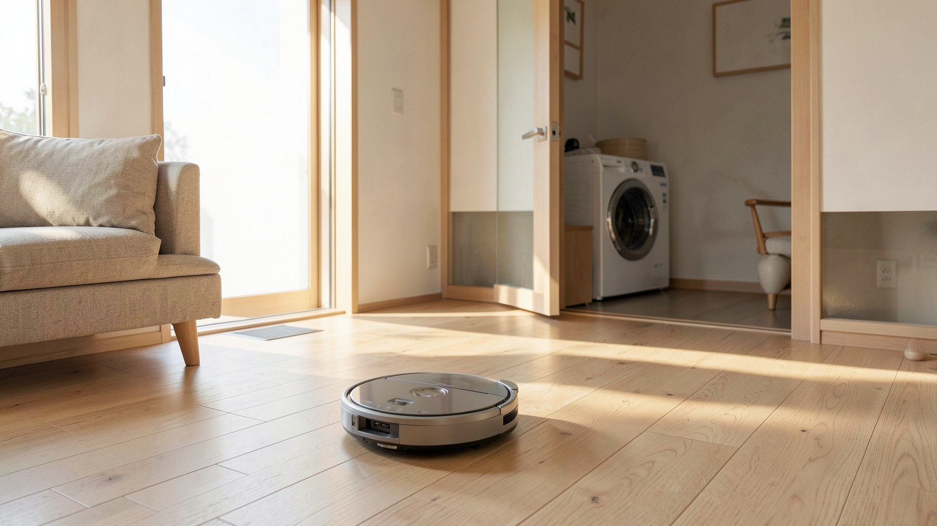 明るいリビングに置かれたロボット掃除機と生活家電
